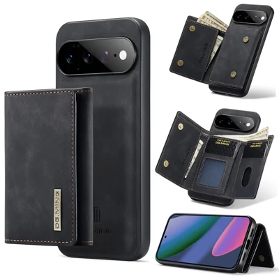DG.MING M1 Series for Google Pixel 11 Pro XL Phone Case PU + TPU + PC Back Cover with Magnetic Tri-Fold Wallet Kickstand - Black