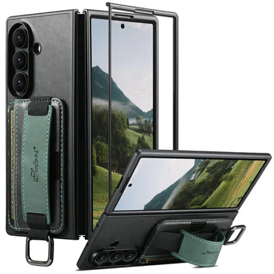 SUTENI H13 For Samsung Galaxy Z Fold8 Ultra Case Card Holder Wristband Waxy Texture Leather + TPU + PC Cover - Black