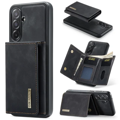 DG.MING M1 Series for Samsung Galaxy A27 5G Phone Case PU + TPU + PC Back Cover with Magnetic Tri-Fold Wallet Kickstand - Black