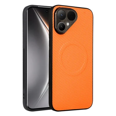For TECNO Pova Curve 2 5G Case Carbon Fiber Texture Leather Coated TPU PC Phone Cover with Metal Ring for Magnetic Car Mount - Orange