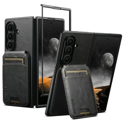 SUTENI H02 For Samsung Galaxy Z Fold8 Ultra Case Waxy Texture Leather + PC Card Slots Kickstand Phone Cover - Black