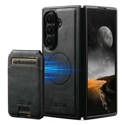 SUTENI M5 for Samsung Galaxy Z Fold8 Ultra Magnetic Case with Card Bag Cowhide Texture Leather + PC Phone Cover - Black