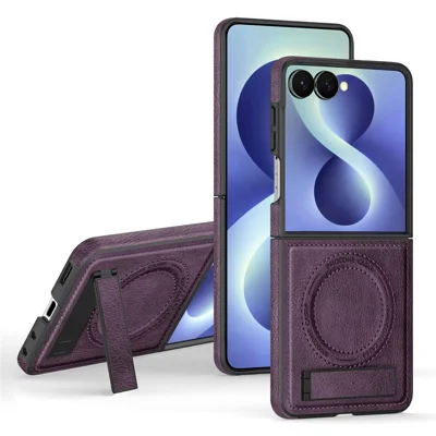 For Samsung Galaxy Z Flip8 Magnetic Case Kickstand PC Silicone Leather Phone Back Cover - Dark Purple