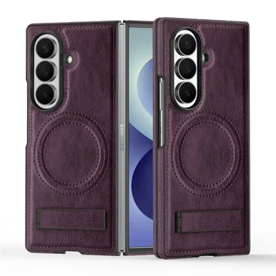 For Samsung Galaxy Z Fold8 Ultra Magnetic Case Kickstand PC Silicone Leather Phone Back Cover - Dark Purple
