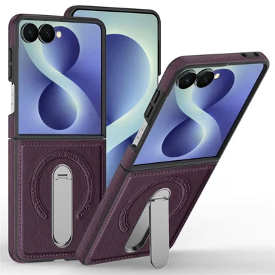 For Samsung Galaxy Z Flip8 Magnetic Case Rotating Kickstand Leather Coated PC Phone Cover - Dark Purple