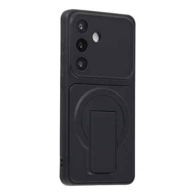 Voor Samsung Galaxy S25 FE Hoesje Onzichtbare Inklapbare Standaard Anti-vingerafdruk Rubberachtig Acryl + TPU Stootvaste Telefoonhoes - Zwart