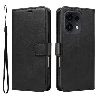 Etui portfelik z paskiem z kozła syntetycznego dla Oppo Reno16 5G (Global) / Oppo Reno16 Pro 5G (Global), jednokolorowe etui z funkcją podpórki - Czarny
