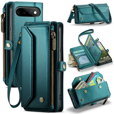 CASEME for Google Pixel 11 Pro / Google Pixel 11 C36 Leather Case Zipper 10 Card Slots Phone Cover with Straps - Green
