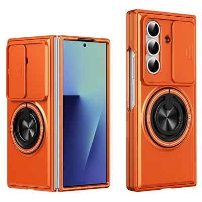 Voor Samsung Galaxy Z Fold8 Ultra Magnetische Case Ringhouder Opvouwbare Standaard PC Telefoonhoes met Schuifbare Cameralens - Oranje