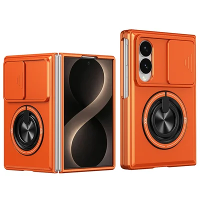 For Samsung Galaxy Z Fold8 Magnetic Case Ring Holder Foldable Kickstand PC Phone Cover with Camera Lens Slider - Orange