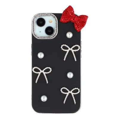 For iPhone 14 Case Pearl Bow Decor PC + TPU IMD Phone Cover with Rhinestone Camera Ring - Classic Black