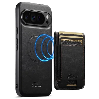 SUTENI For Google Pixel 11 Pro Magnetic Case Card Holder Kickstand Phone Cover - Black