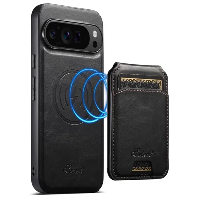 SUTENI H15 dla Google Pixel 11 Pro Etui magnetyczne z odkładanym uchwytem na karty, pokrowiec z dwutlenku poliuretany o woskowej fakturze i podkładką TPU - Czarny