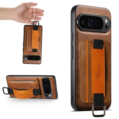 SUTENI H13 Voor Google Pixel 11 Pro Hoesje Met Kaarthouder En Polsbandje Waxy Texture Leer + TPU + PC Cover - Bruin