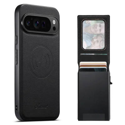 SUTENI H19 til Google Pixel 11 Pro Magnetisk Hylse med Kortholder og Ståstand Litchi-Struktur Skind Bagdæksel - Sort