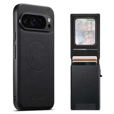 SUTENI H19 Dla Google Pixel 11 Pro XL Etui Magnetyczne z Uchwytem na Karty i Podstawką, Pokrowiec z Teksturą Skóry Litchi - Czarny