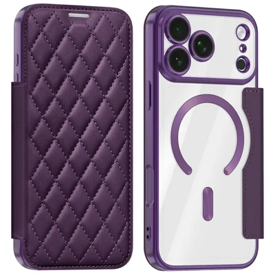 For iPhone 18 Pro Max Magnetic Case RFID Blocking Card Holder Rhombus PU Leather Phone Cover with Lens Film - Dark Purple