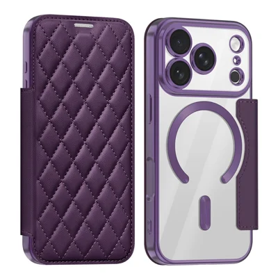 Etui magnetyczne do iPhone 18 Pro z blokadą RFID, uchwytem na kartę, romboidalną powłoką z syntetycznej skóry PU - ciemnopurpurowe