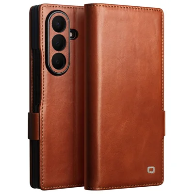 QIALINO for Samsung Galaxy Z Fold8 Ultra Case Oil-Waxed Genuine Cow Leather Flip Stand Wallet Phone Cover - Light Brown