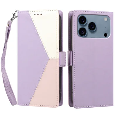  For iPhone 17 Pro / iPhone 18 Pro Case Color Stitching RFID Blocking Wallet Flip Leather Phone Cover with Wrist Strap - Light Purple