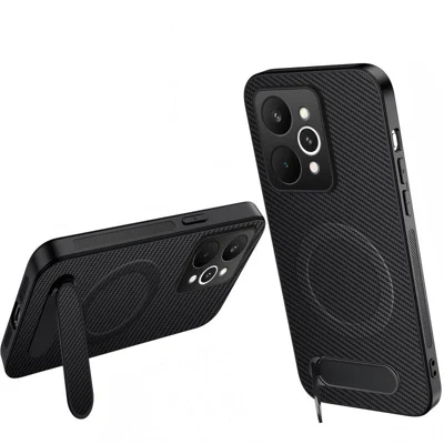 WANLONFENG obudowa magnetyczna z uchwytem do Realme P4 Power 5G QT Seria, pokrywa telefonu z fakturą węglową PC TPU - Czarny