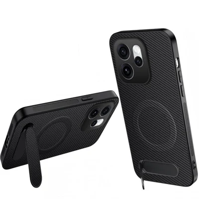 WANLONFENG pour Oppo Reno16 5G (Global) Série QT Étui Magnétique avec Support Pied en Fibre de Carbone PC TPU - Noir