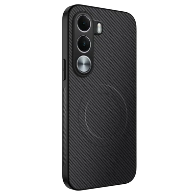 WANLONFENG pour Realme C100x 4G / Realme C100i 4G Série TQ Étui Magnétique avec Texture Fibre de Carbone Coque de Téléphone en PC TPU - Noir