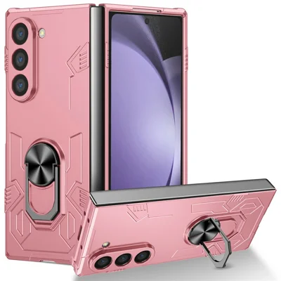 For Samsung Galaxy Z Fold6 5G Case PC Hard Phone Cover with Ring Holder Kickstand - Pink