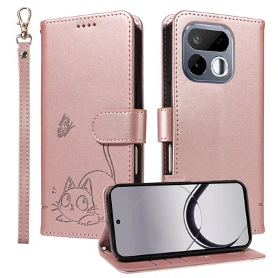 Étui pour Realme 16T 5G avec motif de chat imprimé, housse en cuir avec dragonne - Or rose