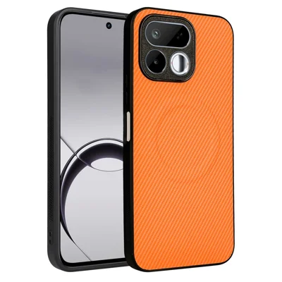 Étui pour Realme 16T 5G, texture fibre de carbone, revêtement en cuir PU, coque en TPU et PC avec anneau métallique pour support magnétique - Orange