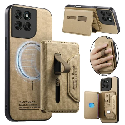 For Motorola Moto G86 5G Magnetic Case PU Leather + PC + TPU Anti-Scratch Back Cover with Detachable Card Holder - Khaki