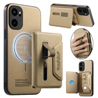 Etui magnetyczne do OnePlus Ace 6 5G / Ace 6T 5G / 15R 5G, tylna pokrywa z odpornego na zarysowania materiału PU + PC + TPU z odkładanym uchwytem na karty - khaki
