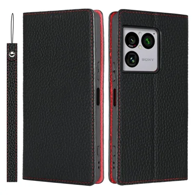 Voor Sony Xperia 1 VIII portemonnee-hoesje van echt koeienleer met lychee-structuur - Zwart