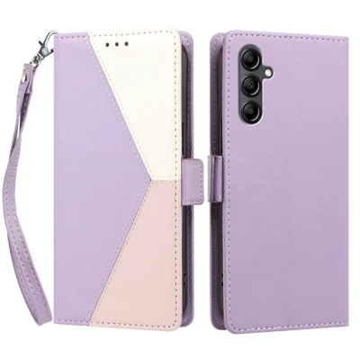  For Samsung Galaxy A15 4G / Galaxy A15 5G Case Color Stitching RFID Blocking Wallet Flip Leather Phone Cover with Wrist Strap - Light Purple