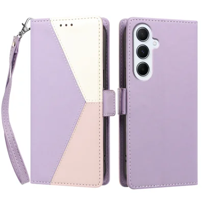  For Samsung Galaxy A18 5G / Galaxy A17 5G / Galaxy A17 4G / Galaxy A26 5G / Galaxy F17 5G / Galaxy M17 5G / Galaxy A18 4G Case Color Stitching RFID Blocking Wallet Flip Leather Phone Cover with Wrist Strap - Light Purple