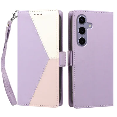  For Samsung Galaxy S24 FE Case Color Stitching RFID Blocking Wallet Flip Leather Phone Cover with Wrist Strap - Light Purple