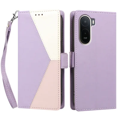 Capa de Couro para Telemóvel com Costura de Cor, Função Carteira, Bloqueio RFID, com Alça de Pulso - Roxo Claro para Xiaomi Poco C85x 5G / Xiaomi Poco C81 Pro 4G / Xiaomi Redmi A7 Pro 4G (171,56 mm)