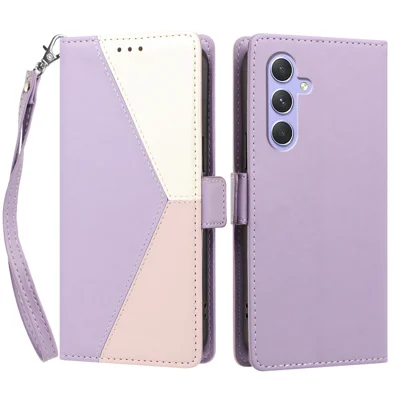  For Samsung Galaxy A35 5G Case Color Stitching RFID Blocking Wallet Flip Leather Phone Cover with Wrist Strap - Light Purple