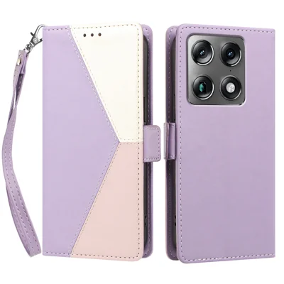 Capa para Motorola Moto X70 Air Pro 5G / Motorola Signature 5G com Costura Colorida, Bloqueio RFID, Carteira, Pele, com Alça de Pulso - Roxo Claro