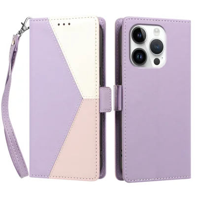 For iPhone 16 Pro Max Case Color Stitching RFID Blokering Wallet Flip Læder Phone Cover med Håndtagsrem - Lyselilla