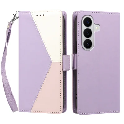 For Samsung Galaxy A27 5G / M47 5G Case Color Stitching RFID Blocking Wallet Flip Leather Phone Cover with Wrist Strap - Light Purple