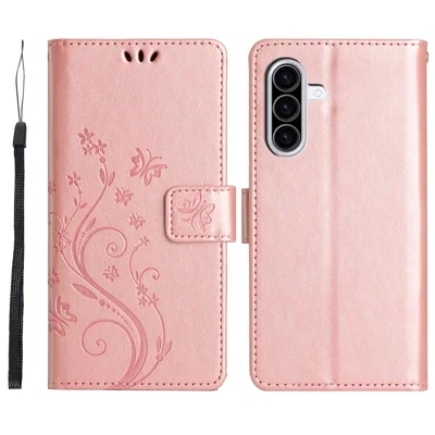 For Samsung Galaxy A18 5G / A18 4G / A17 5G / A17 4G Leather Wallet Case Butterfly Flower Imprinted Phone Cover with Strap - Rose Gold