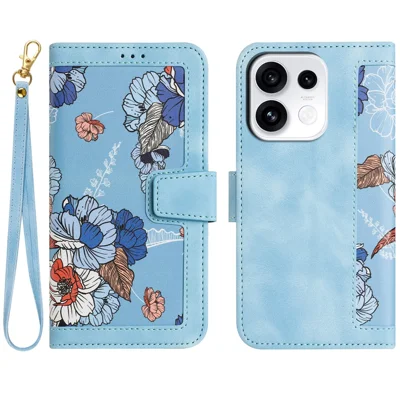 For Oppo Reno16 F 5G Case PU Leather Floral Phone Cover with Card Slots and Wrist Strap - Baby Blue
