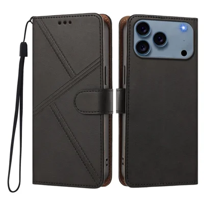 For iPhone 18 Pro Max / 17 Pro Max Case Diamond Stitch PU Leather Wallet Flip Phone Cover with Wrist Strap - Black
