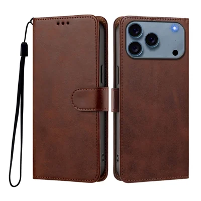 For iPhone 18 Pro Max / 17 Pro Max Case Wallet Flip Stand PU Leather Phone Cover with Wrist Strap - Brown