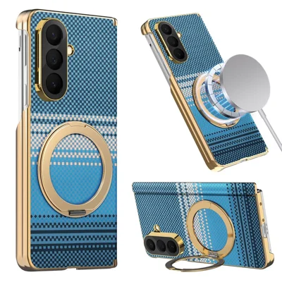 For Samsung Galaxy Z Fold8 Ultra Magnetic Case Ring Kickstand Hinge Design Electroplated Leather + PC Cover - Blue