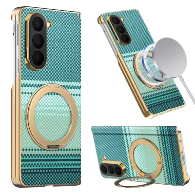 For Samsung Galaxy Z Fold6 5G Magnetic Case Ring Kickstand Hinge Design Electroplated Leather + PC Cover - Green