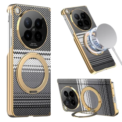 غطاء مغناطيسي لهاتف Oppo Find N6 5G مع حلقة دوارة وتصميم مفصل هيدروليكي من جلد البولي يوريثان المطلي إلكترونيًا + غطاء من مادة البولي كربونات - أسود