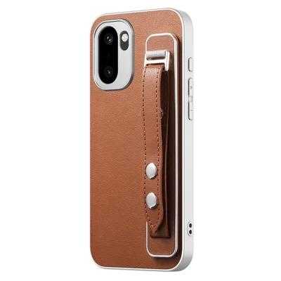 Etui z regulowanym paskiem na nadgarstek dla OnePlus 15R 5G / Ace 6 5G / Ace 6T 5G, skóra PU + PC + TPU, pokrowiec na telefon - brązowy
