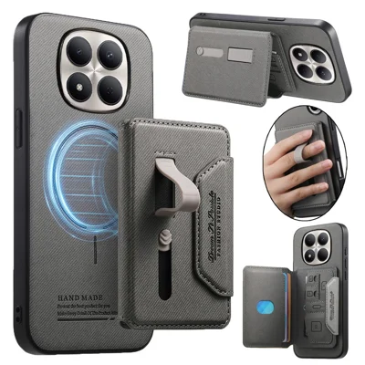 Magnetische Hülle für Xiaomi Redmi Note 15 Pro 4G (Global), 2-in-1, abnehmbar, aus PU-Leder + PC + TPU, kratzfeste Rückseite mit abnehmbarem Kartenhalter – Grau